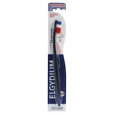 Elgydium La Petite Francaise soft toothbrush by Pasteur Pharmacy with white handle and blue bristles for gentle cleaning.