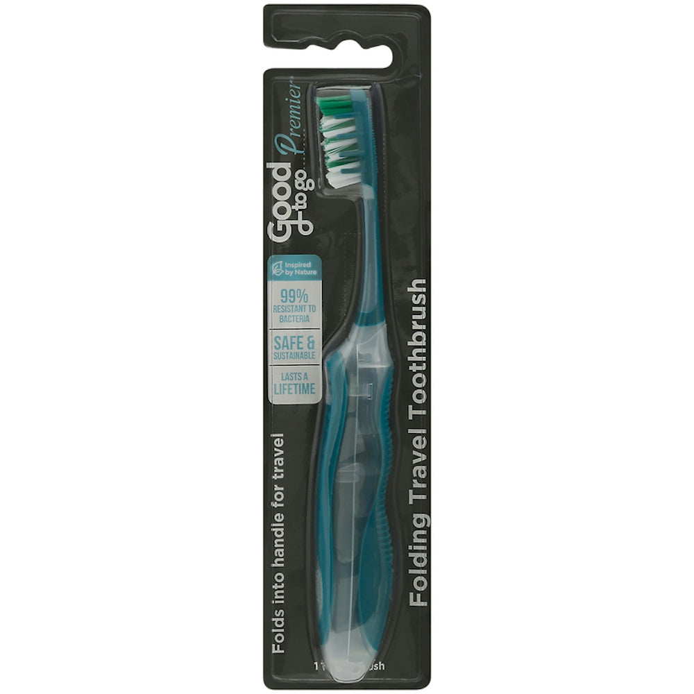 Good To Go Premier folding travel toothbrush by Pasteur Pharmacy, showing compact design and foldable handle for travel convenience.