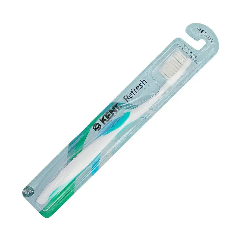 Kent Refresh medium toothbrush from Pasteur Pharmacy, featuring a white handle and soft bristles for gentle cleaning.