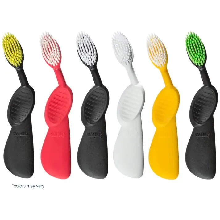 Pasteur Pharmacy Radius Flex Brush soft left hand toothbrush in assorted colors, with flexible bristles for gentle cleaning.