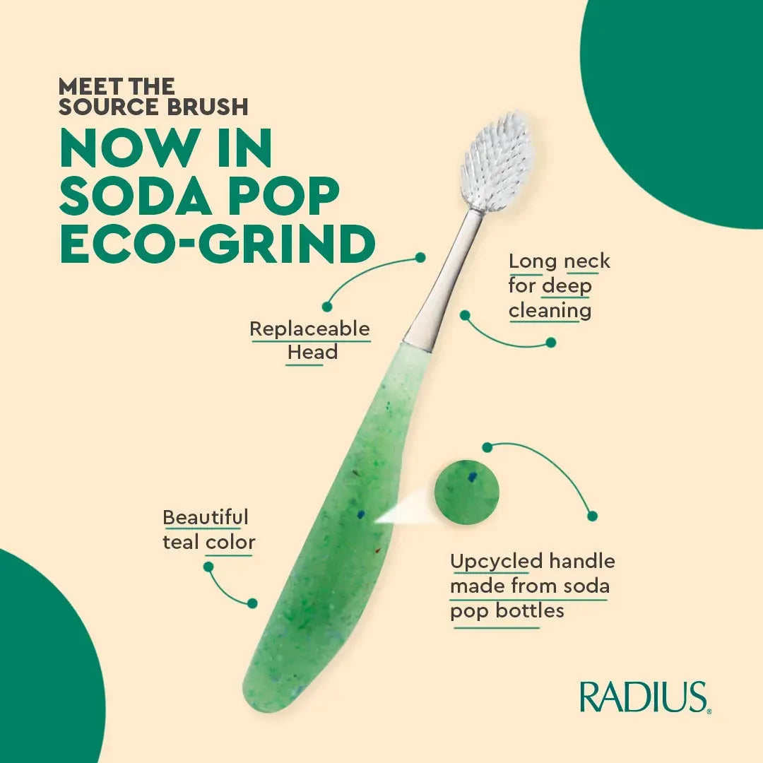 Pasteur Pharmacy Radius Source Brush soft replaceable head toothbrush in assorted colors, with a close-up of the toothbrush and head.