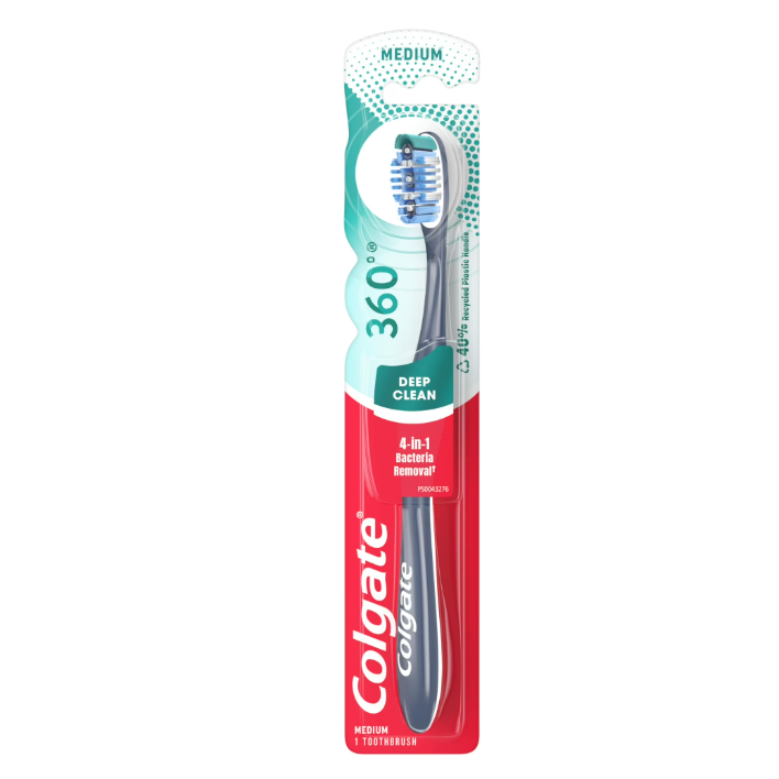 Colgate 360 Degrees Deep Clean Medium toothbrush with multi-sided bristles for thorough oral cleaning.
