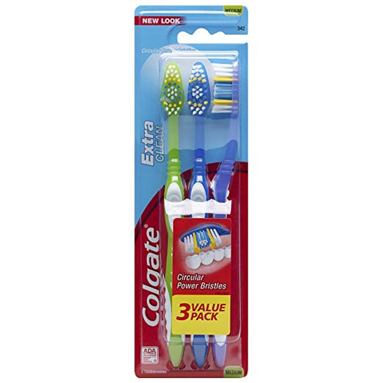 Colgate Extra Clean manual toothbrushes with medium bristles in a 3-pack, full head design, for effective teeth cleaning.