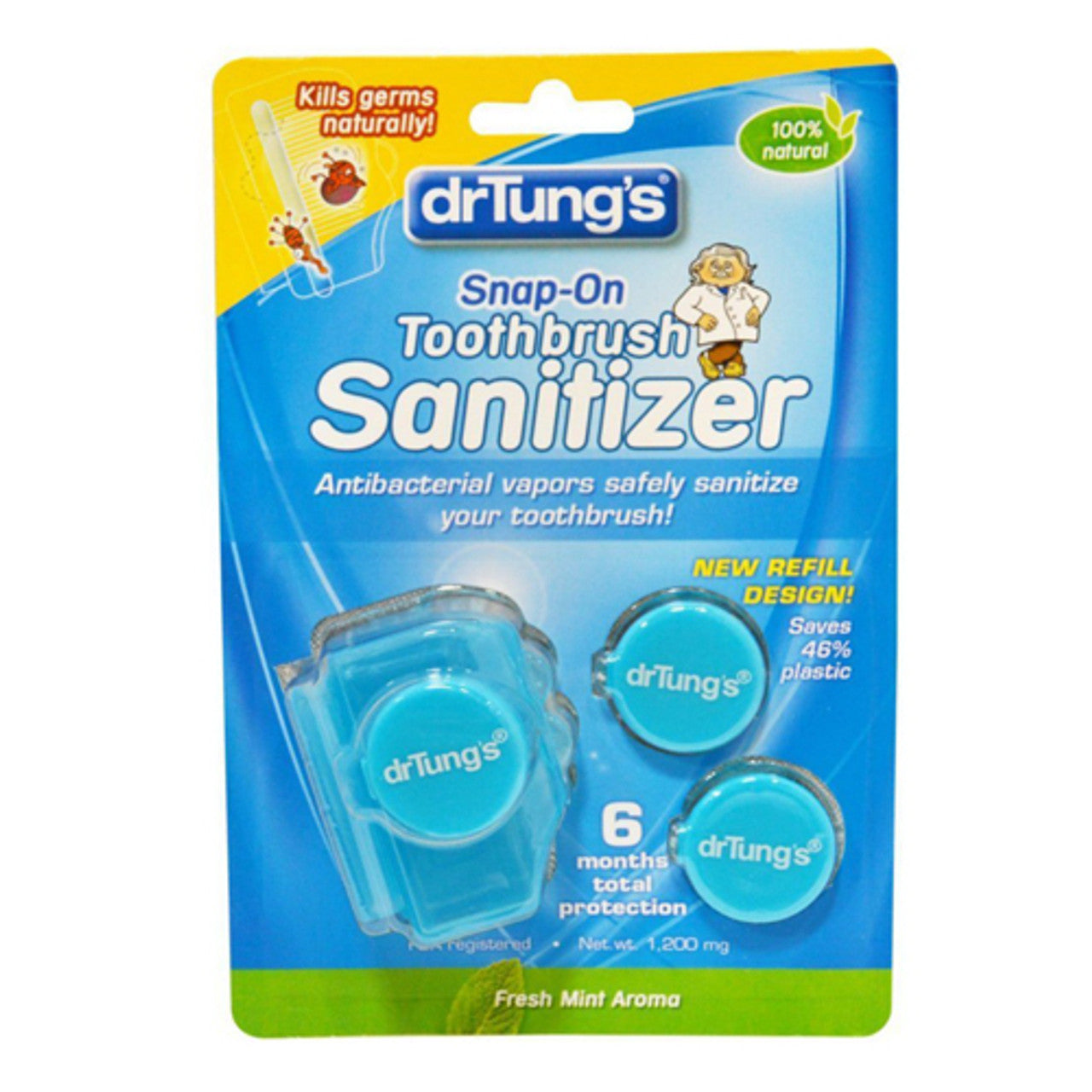 Dr. Tung's Snap-On Toothbrush Sanitizer attached to a toothbrush, designed to disinfect and keep toothbrushes clean.