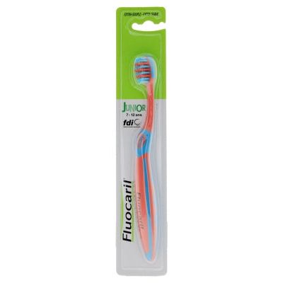 Fluocaril Junior toothbrush for ages 7-12, extra-flexible design, with colorful handle for kids' dental care.