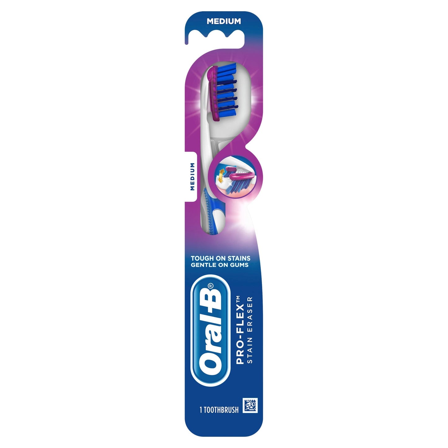 Oral-B 3D White Luxe Medium Toothbrush with stain eraser, designed for effective teeth whitening and cleaning.