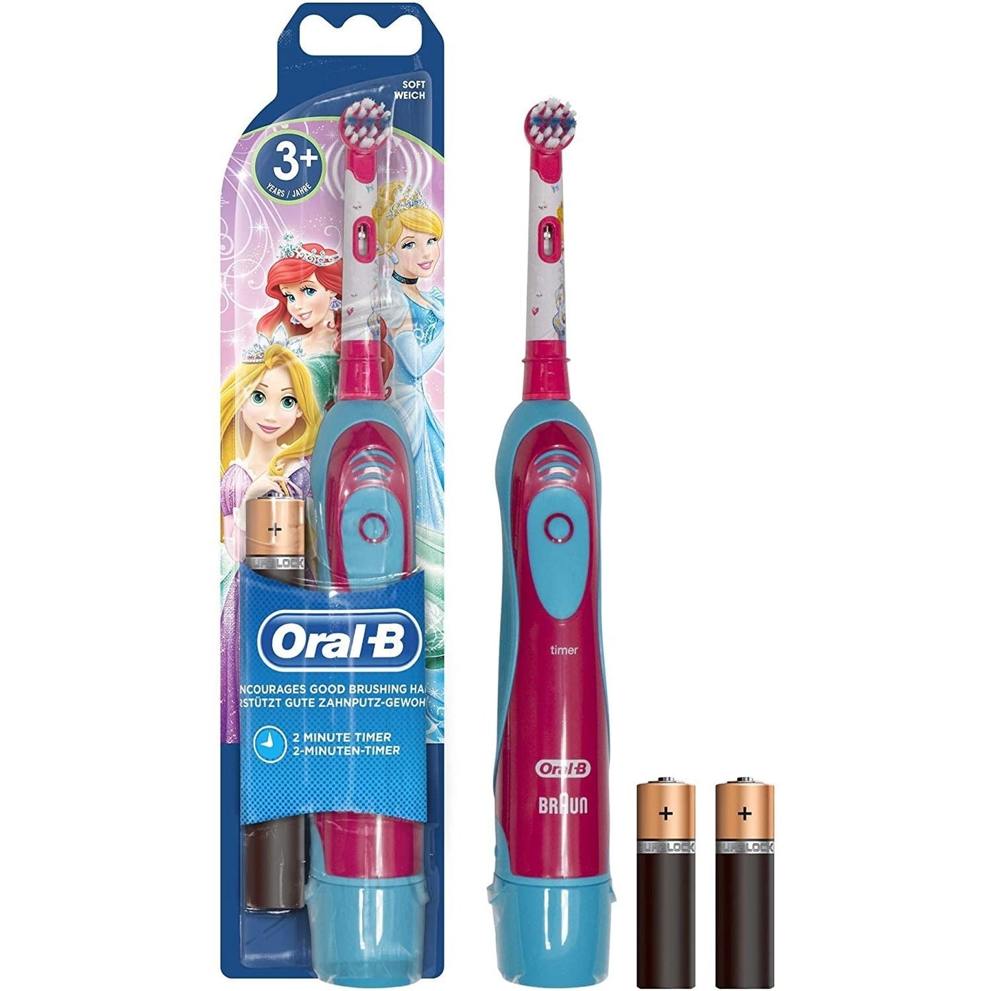 Oral-B Kids Disney Princess battery-powered toothbrush with colorful handle and princess-themed design for children.