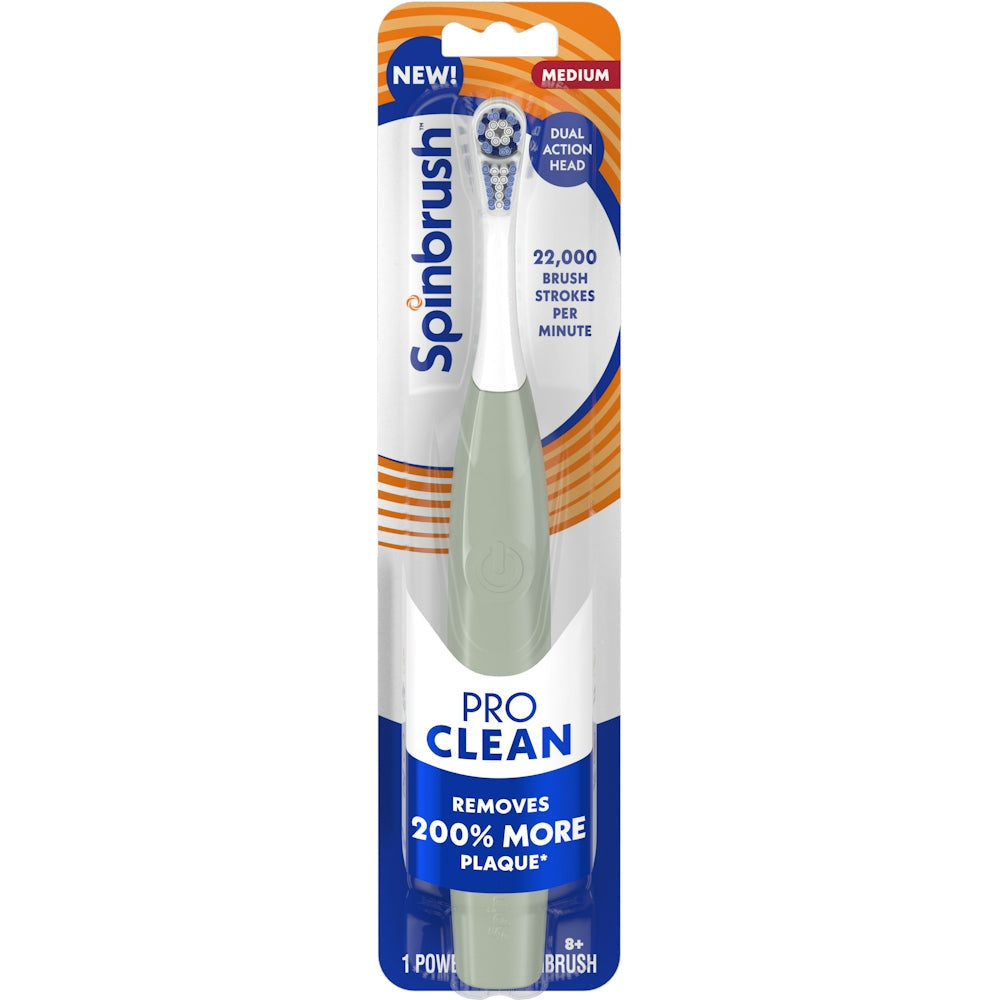 Spinbrush Pro Clean powered toothbrush by Pasteur Pharmacy showing a sleek electric toothbrush with a white handle and replaceable brush head.