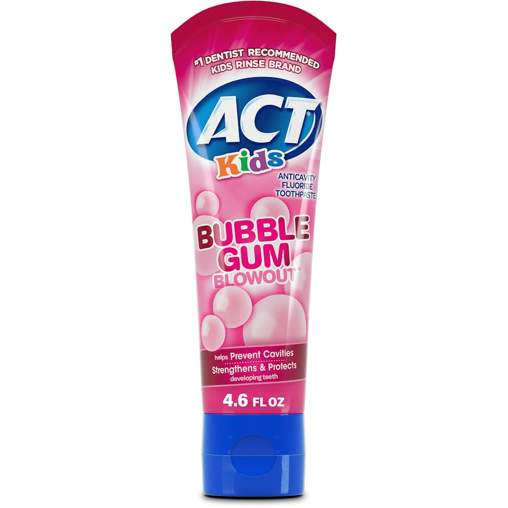 Act Kids Bubble Gum Blowout Anticavity Fluoride Toothpaste by Pasteur Pharmacy in 4.6 oz tube, featuring colorful packaging and bubble gum flavor.