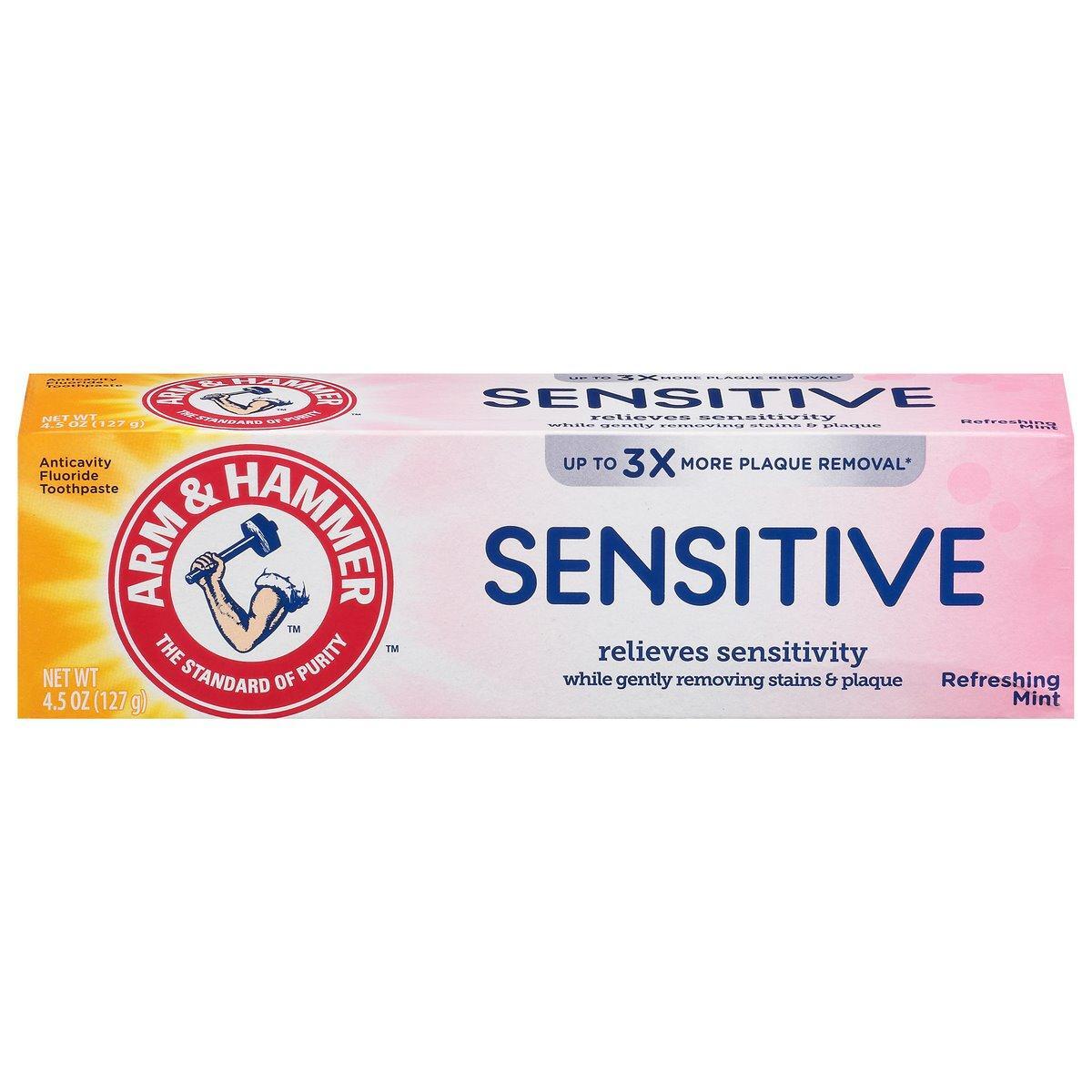 Arm & Hammer Sensitive Teeth & Gums toothpaste in a 4.5 oz tube, showing the toothpaste tube with branding and product details.