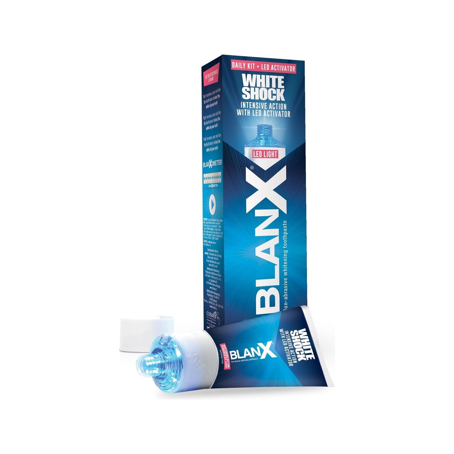Blanx White Shock & Protect LED toothpaste in 50ml tube, featuring brightening and whitening properties for healthy teeth.