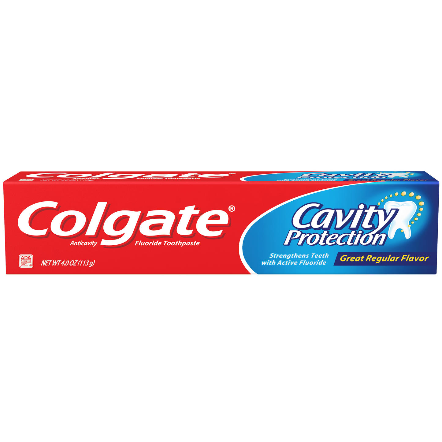 Colgate cavity protection toothpaste with fluoride in regular flavor, 4 oz tube, designed for cavity prevention and oral health.