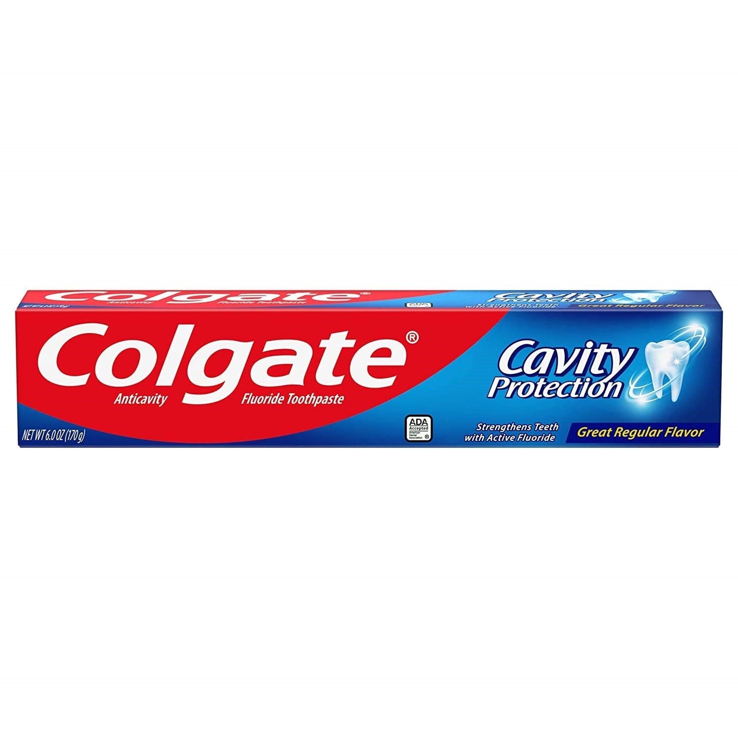 Colgate Cavity Protection Toothpaste with Fluoride in 6 oz family size, featuring a white tube with blue and red accents.