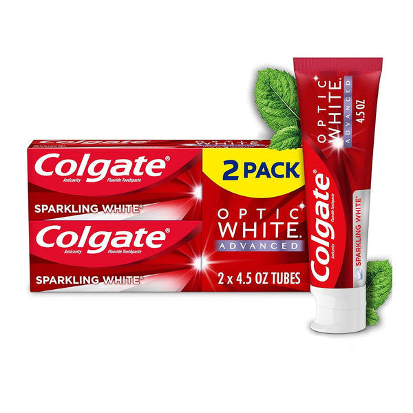 Colgate Optic White Advanced Teeth Whitening Toothpaste in 4.5 oz tube, showcasing bright white packaging and toothpaste tube.