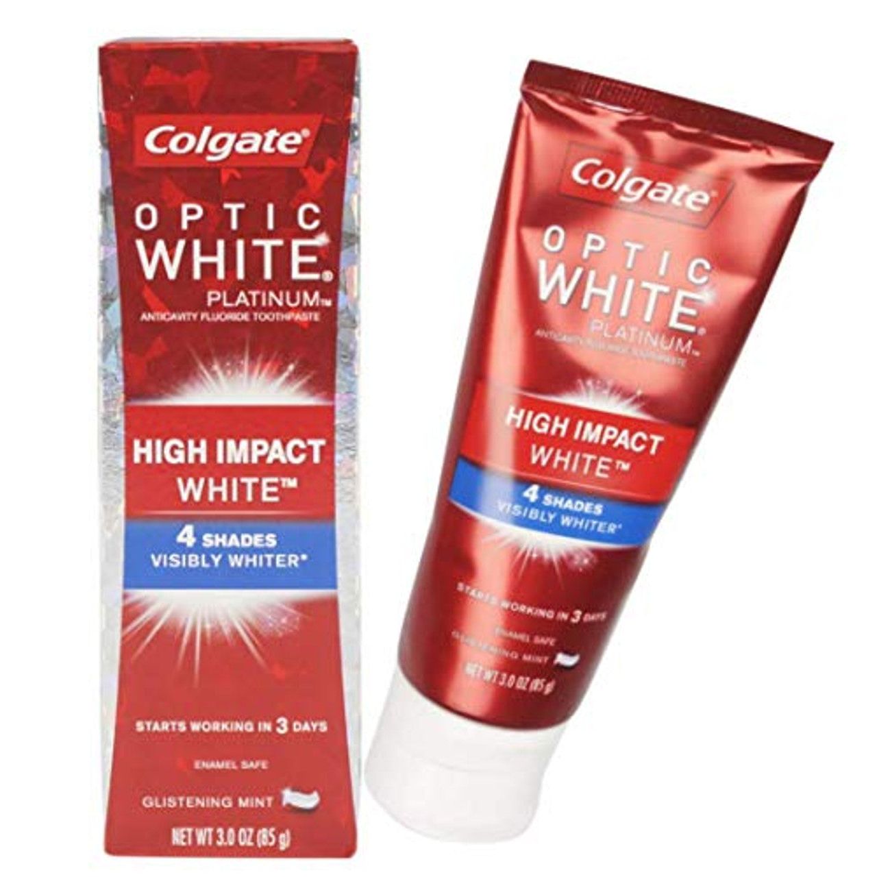 Colgate Optic White Platinum whitening toothpaste in 3oz tube, featuring a white and blue packaging design.