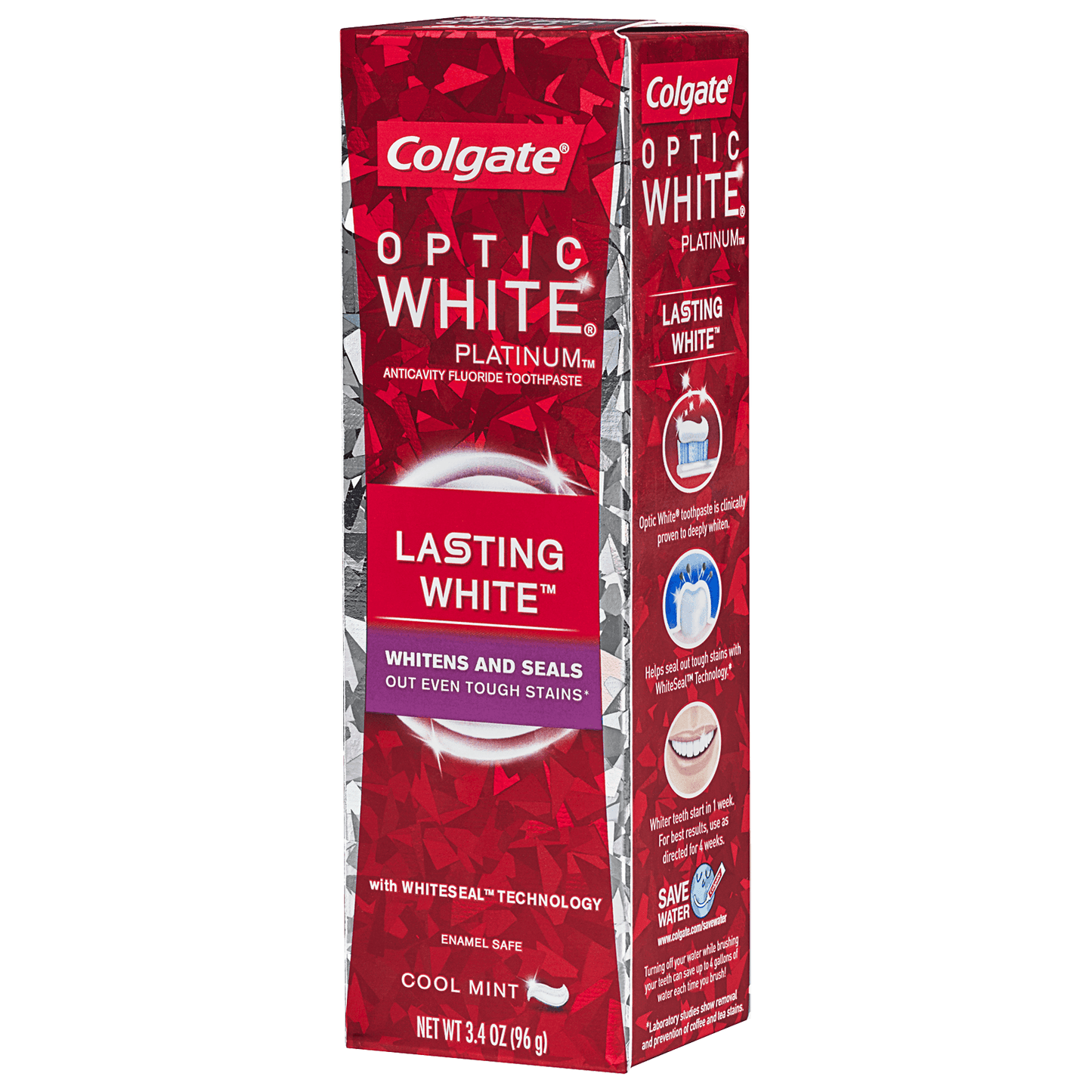 Colgate Optic White Platinum Whiten & Protect toothpaste in 3.3 oz tube, designed for brightening and protecting teeth.