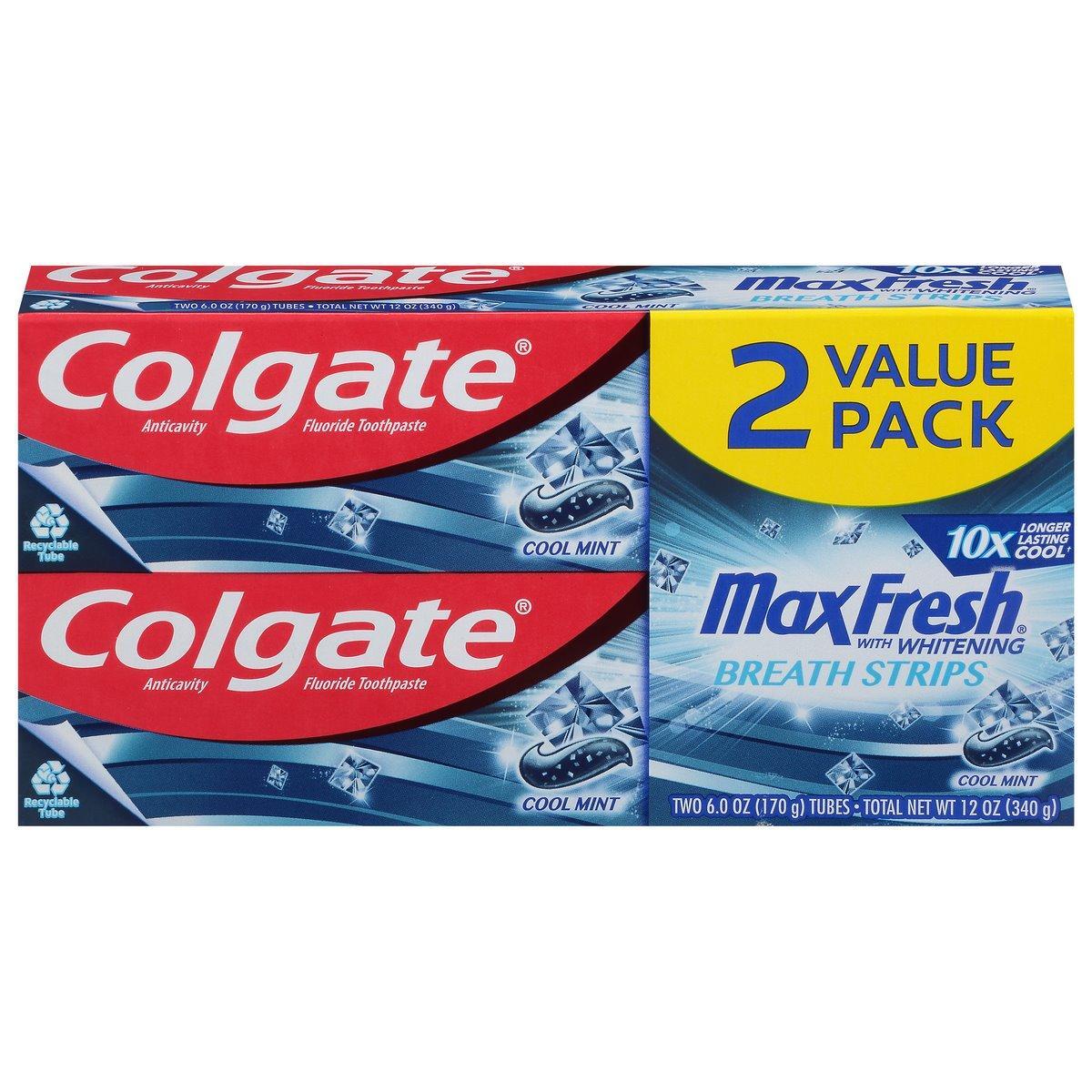 Colgate Cool Mint toothpaste with breath strips in a 2-pack, natural fresh mint flavor, from Pasteur Pharmacy.