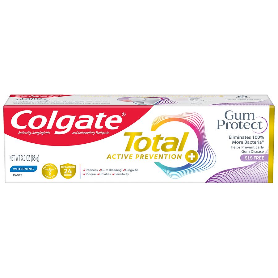 Colgate Total Active Prevention whitening toothpaste with mint flavor in a 3 oz tube, designed to protect gums and freshen breath.