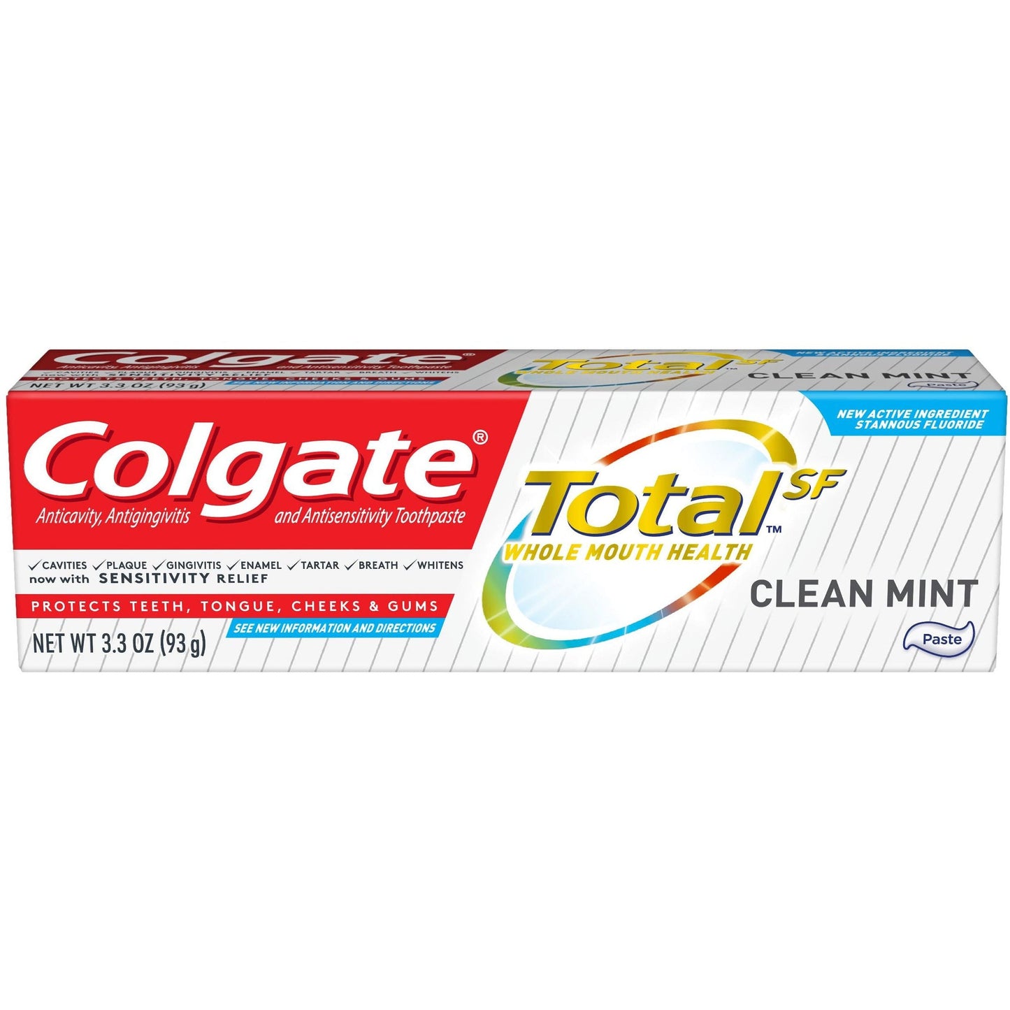 Colgate Total Clean Mint Toothpaste in 3.3 oz tube with antibacterial protection, ideal for travel, displayed with mint flavor packaging.