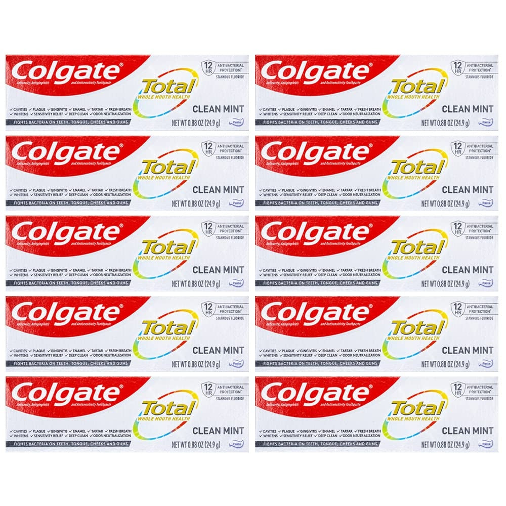 Colgate Total Clean Mint toothpaste in travel size, 0.88 ounces, displayed in a tube with a white and green packaging design.