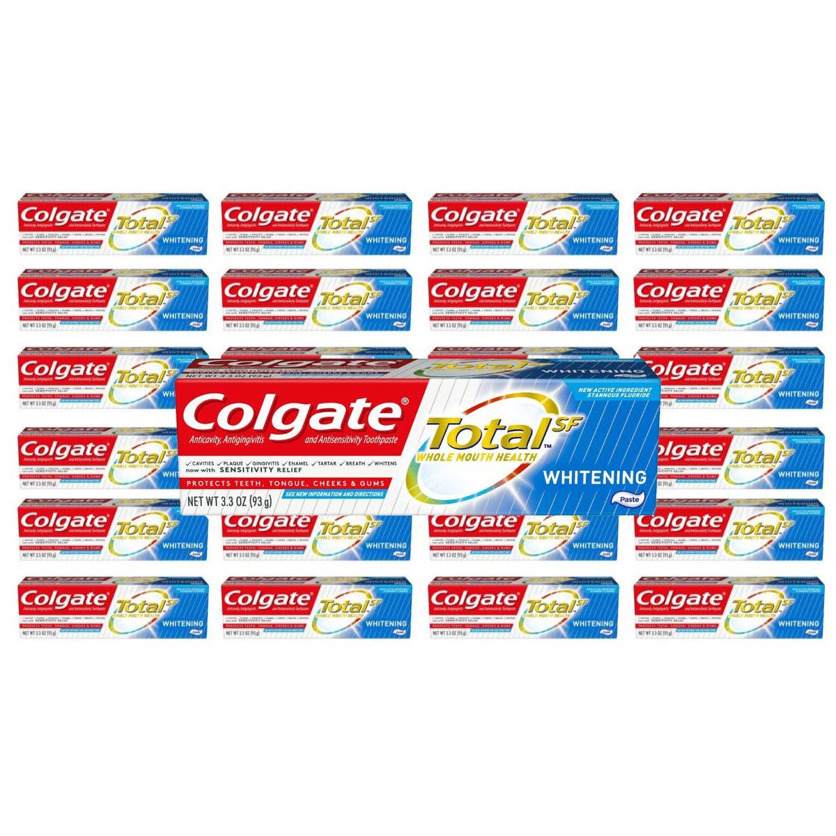 Colgate Total Whitening Toothpaste in a 3.3 oz tube, shown with mint flavor and active whitening properties.