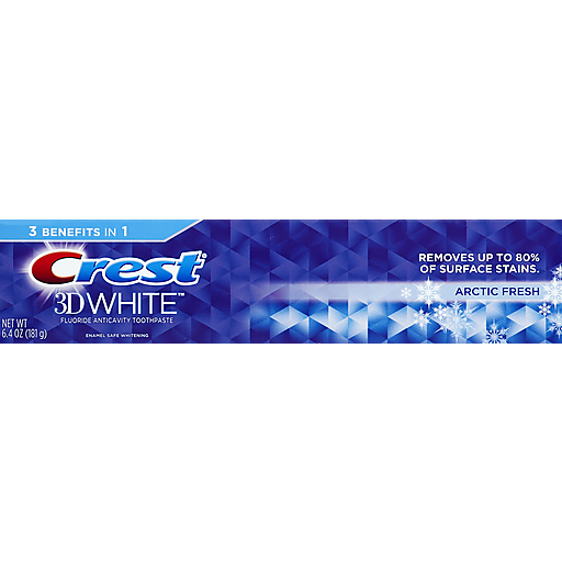 Crest 3D White Arctic Fresh Whitening Toothpaste in 6.4oz tube, featuring fresh mint flavor and whitening formula.