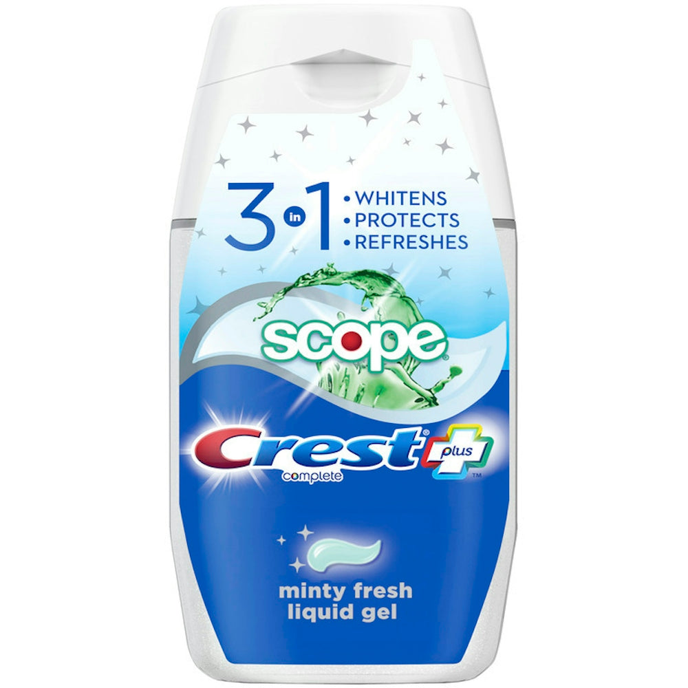 Crest Complete Plus Scope 3-in-1 whitening liquid gel toothpaste in a 4.6 oz tube, designed for oral hygiene and whitening.