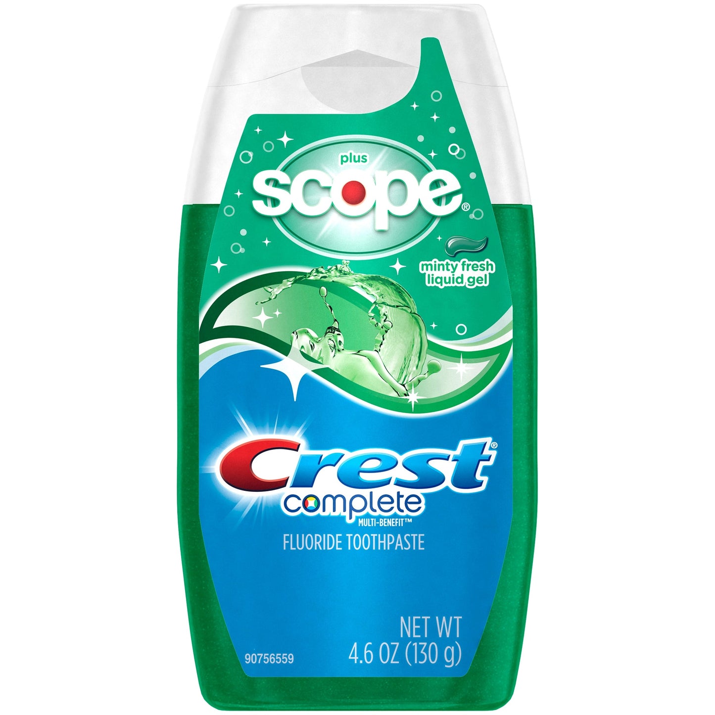 Crest Complete Whitening Plus Scope fluoride liquid gel toothpaste in minty fresh flavor, 4.6 ounces, with multi-benefit formula.