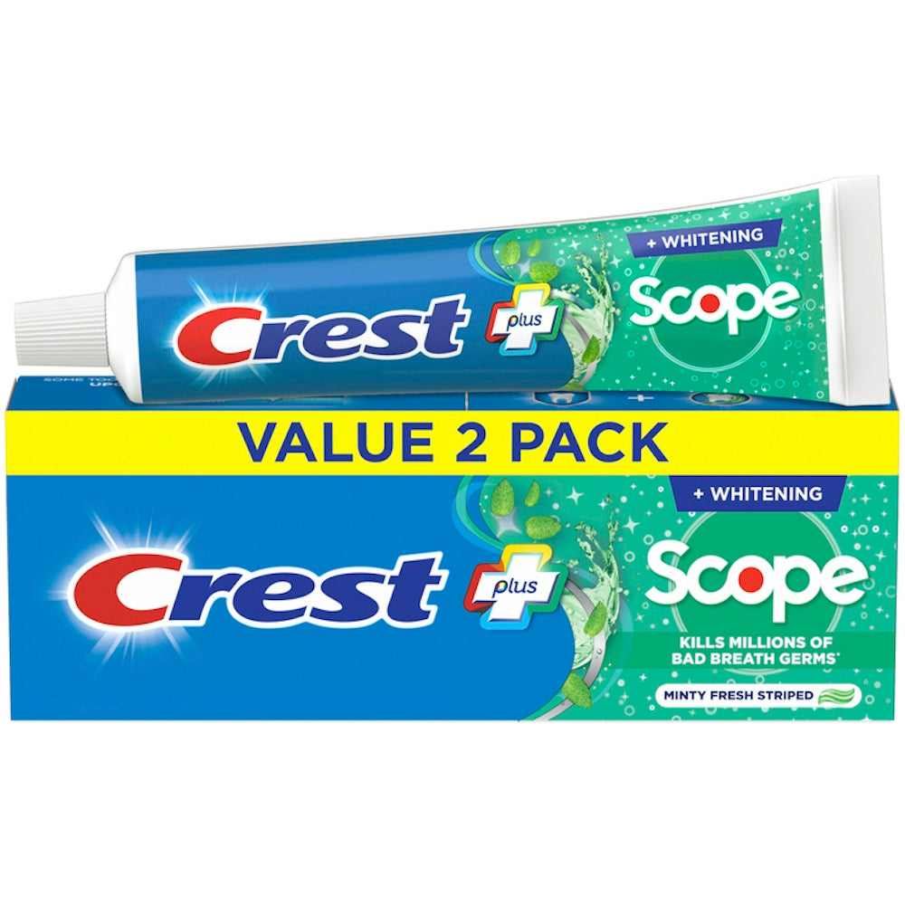 Crest Plus Complete Scope Minty Fresh whitening fluoride toothpaste tube, 5.4 oz, in a value pack with bright packaging.