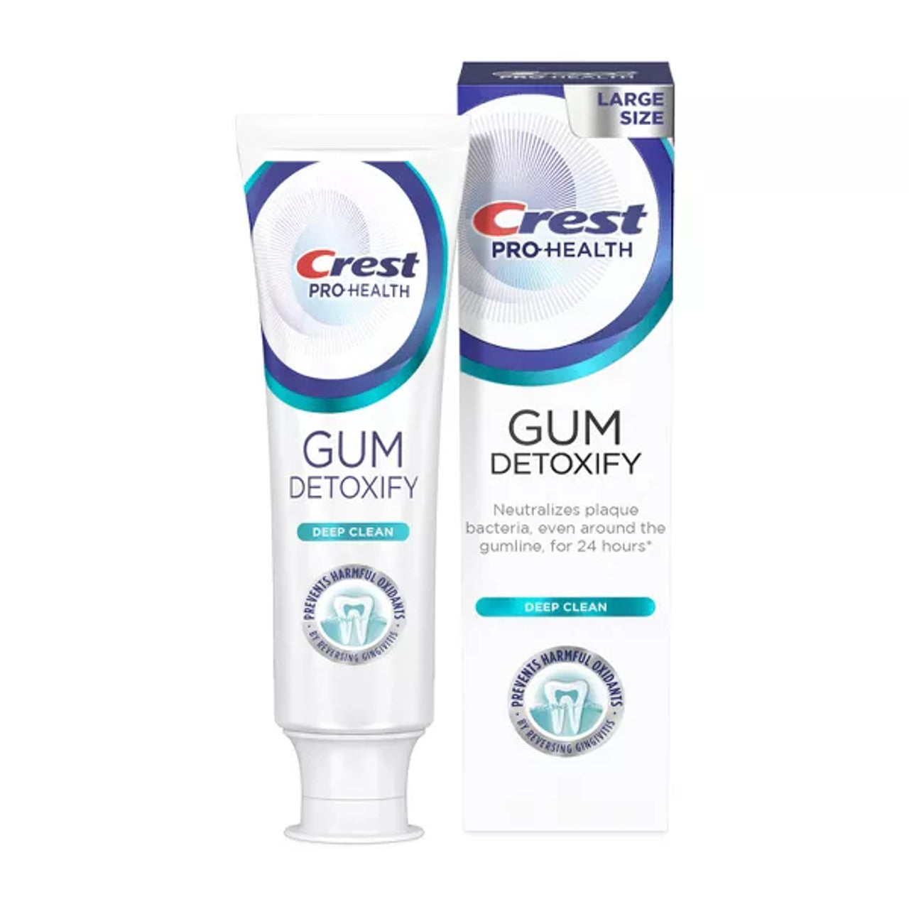 Crest Pro Health Gum Detoxify deep clean toothpaste in 4.8 oz tube, designed for gum and oral health.