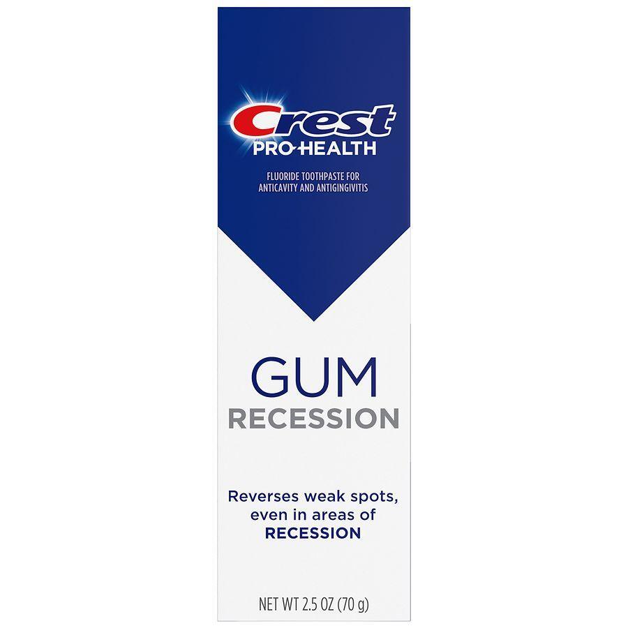 Crest Pro-Health Gum Recession antibacterial fluoride toothpaste in 2.5 oz tube, designed for gum health and cavity prevention.