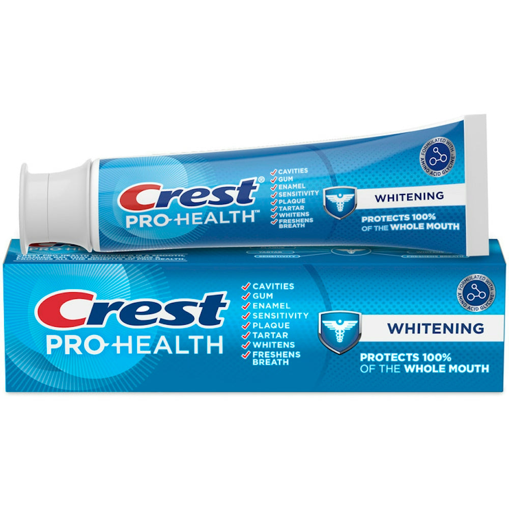 Crest Pro-Health whitening fluoride toothpaste in 4.3 oz tube, featuring fresh mint flavor and anti-cavity protection.