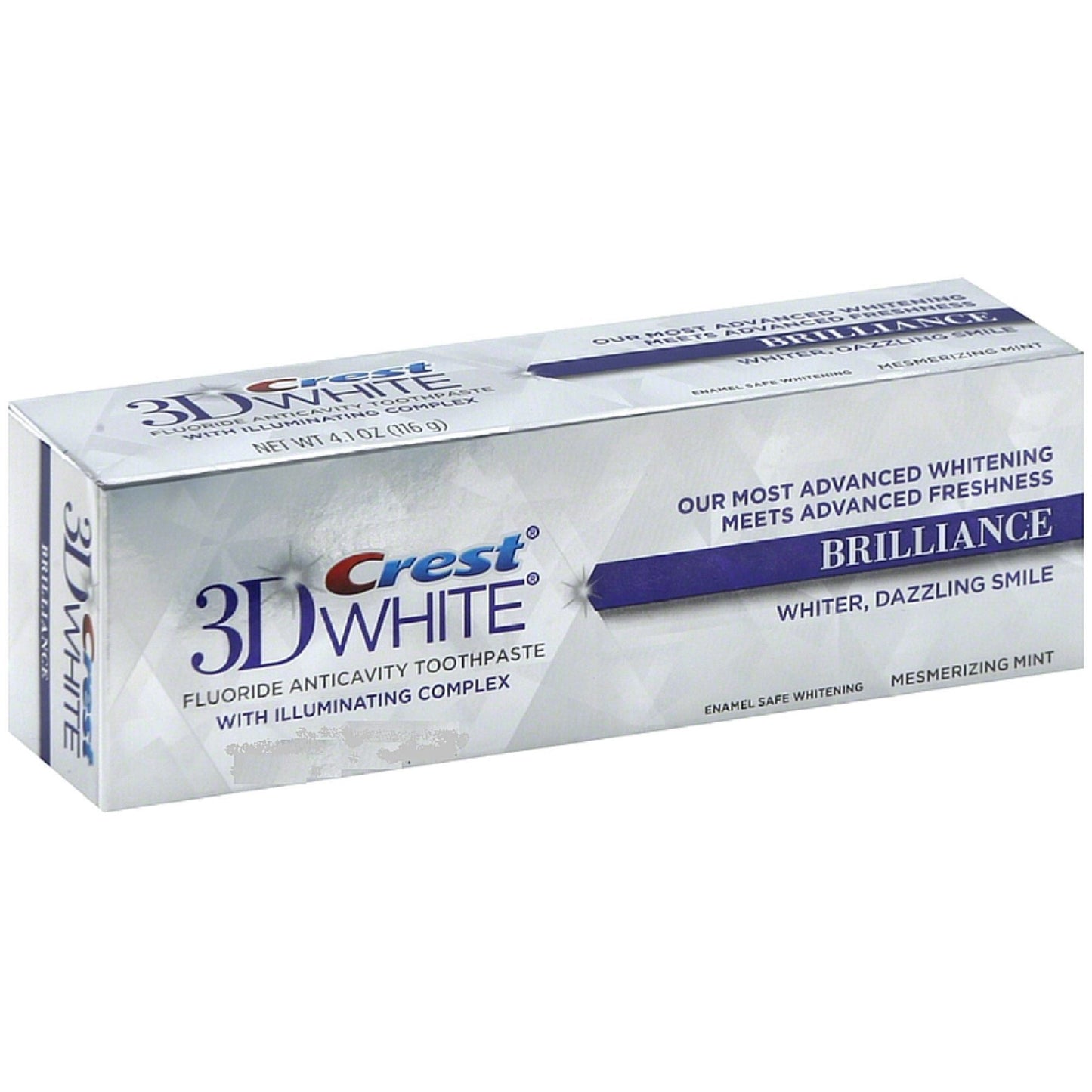 Crest Anticavity Fluoride Toothpaste in Vibrant Peppermint flavor, 0.85 ounces, with whitening and cavity protection features.