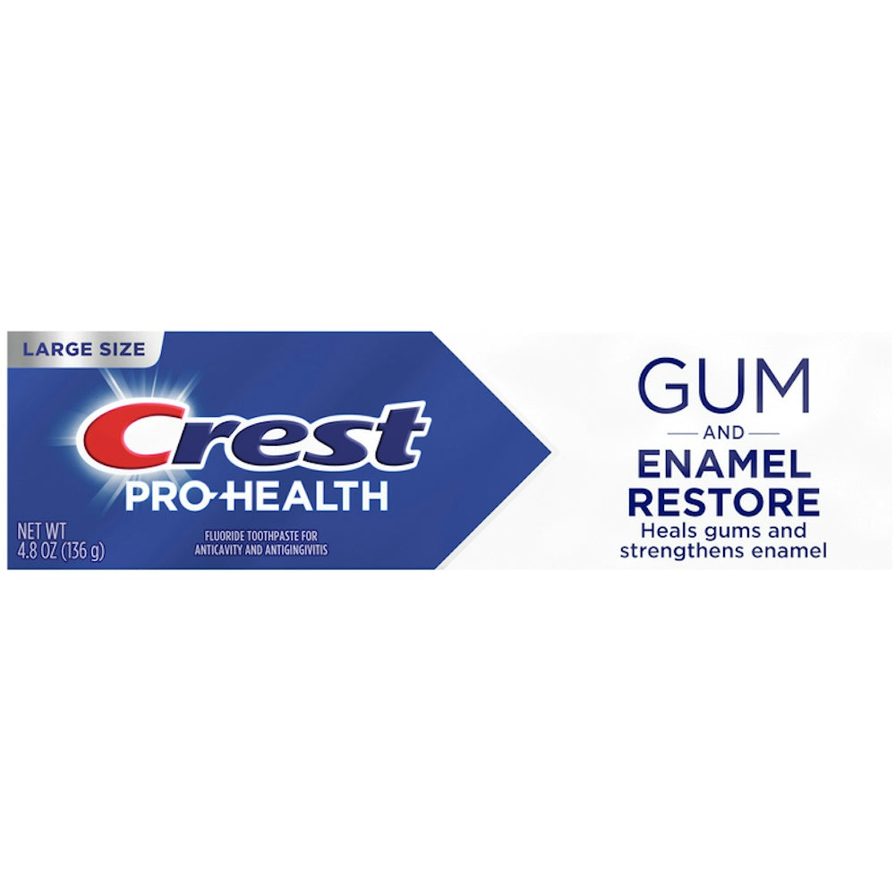 Crest Fluoride Toothpaste by Pasteur Pharmacy for gum and enamel restoration, large size, showing the toothpaste tube on a white background.