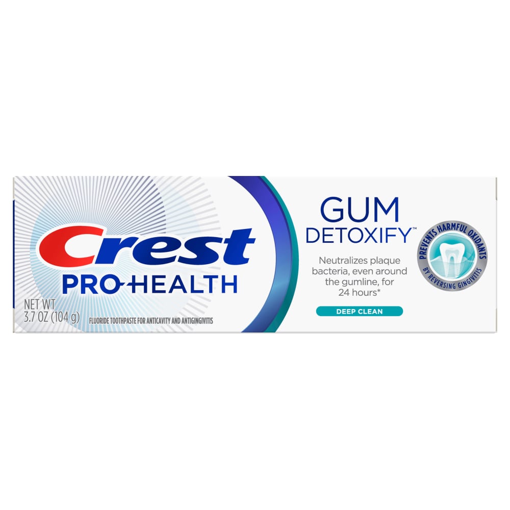 Crest Fluoride Toothpaste with Gum Detoxify, deep clean, 3.7 oz tube, featuring a white and blue packaging design