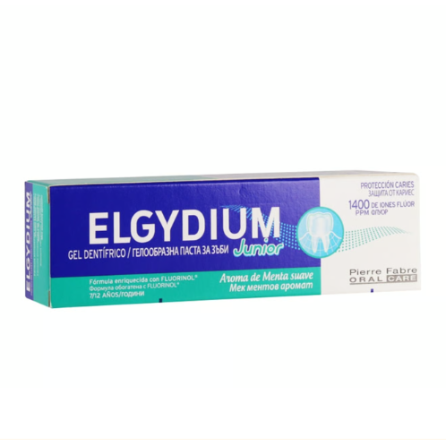 Elgydium Junior Mild Mint Toothpaste Gel for kids aged 7-12, 50ml tube, featuring mild mint flavor and gentle cleaning.