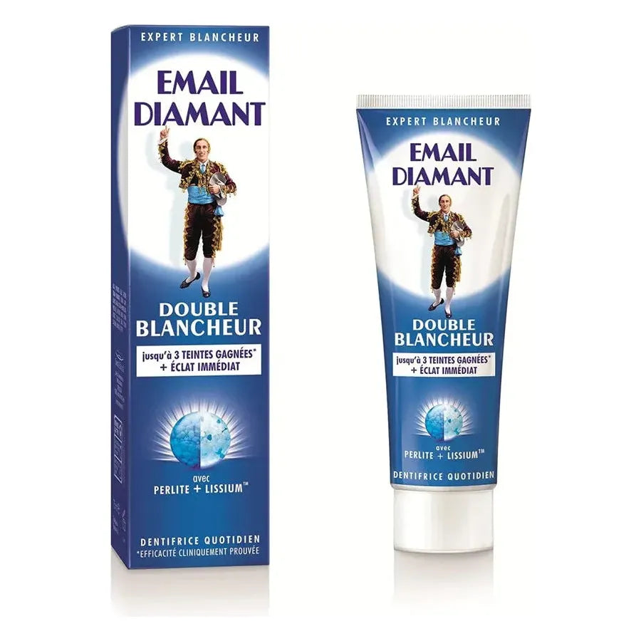 Email Diamant Double Blancheur toothpaste by Pasteur Pharmacy in 75ml tube with bright white packaging.