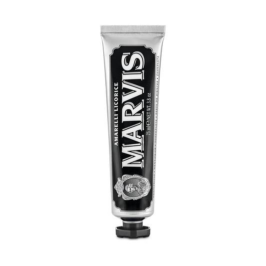 Marvis Amarelli Licorice Mint toothpaste in 3.8 oz tube, with black and green packaging, for fresh breath and oral care.