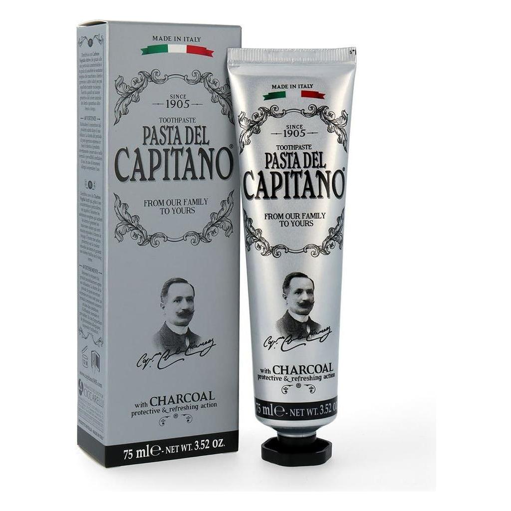 Pasteur Pharmacy Pasta del Capitano charcoal toothpaste 75 ml tube with black and white packaging, designed for teeth whitening and oral health.