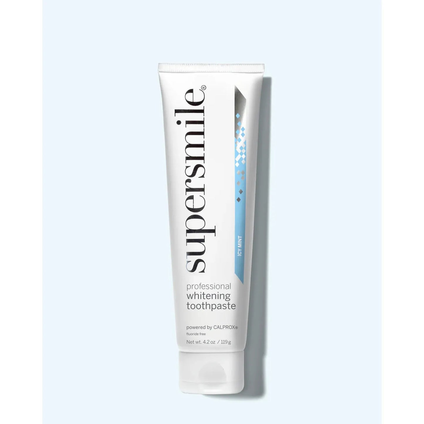 Supersmile Professional Whitening Toothpaste in Icy Mint flavor, 4.2 oz, showing the toothpaste tube with mint flavor branding.