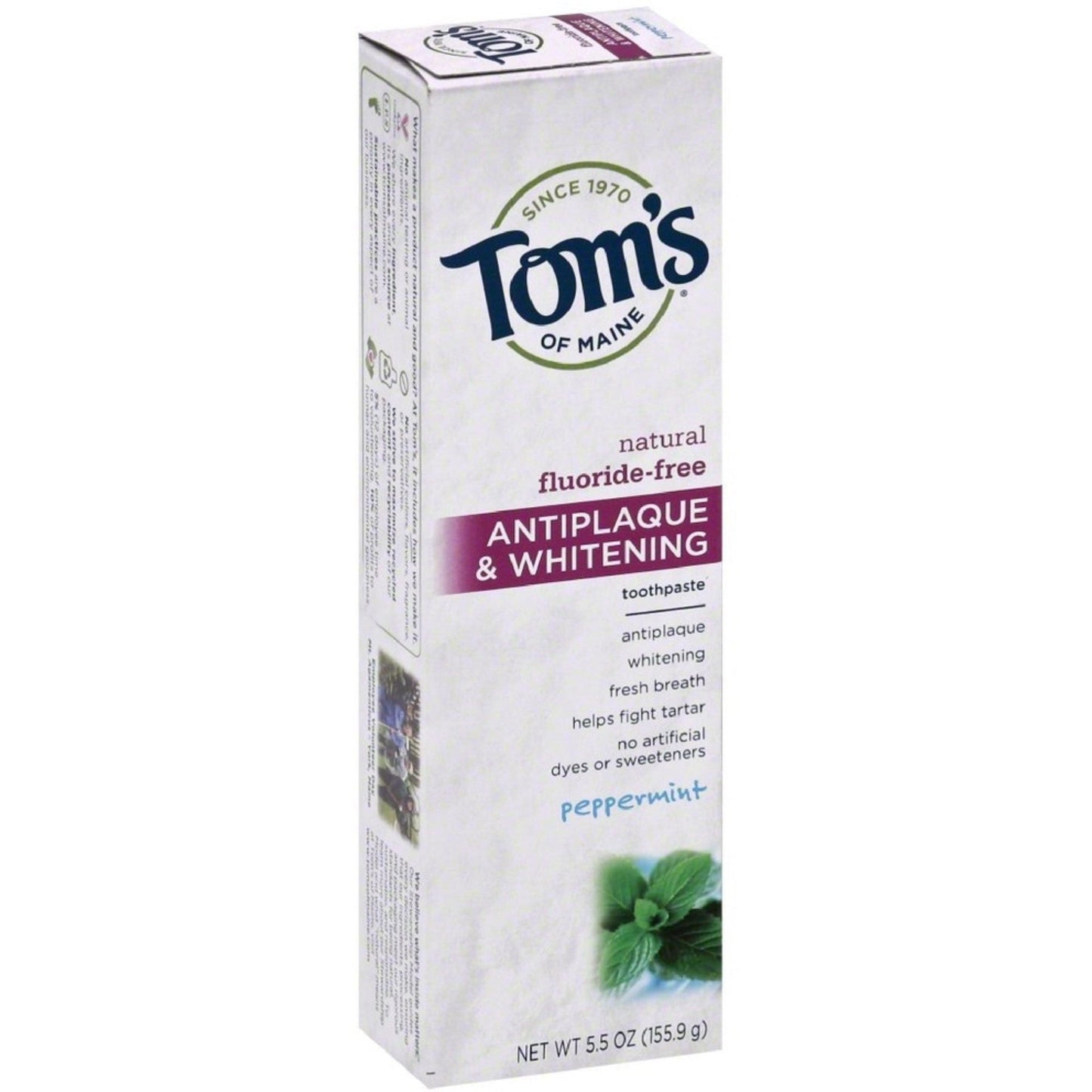 Tom's of Maine Antiplaque and Whitening Peppermint Natural Toothpaste in 5.5oz tube, featuring mint flavor and clean packaging.