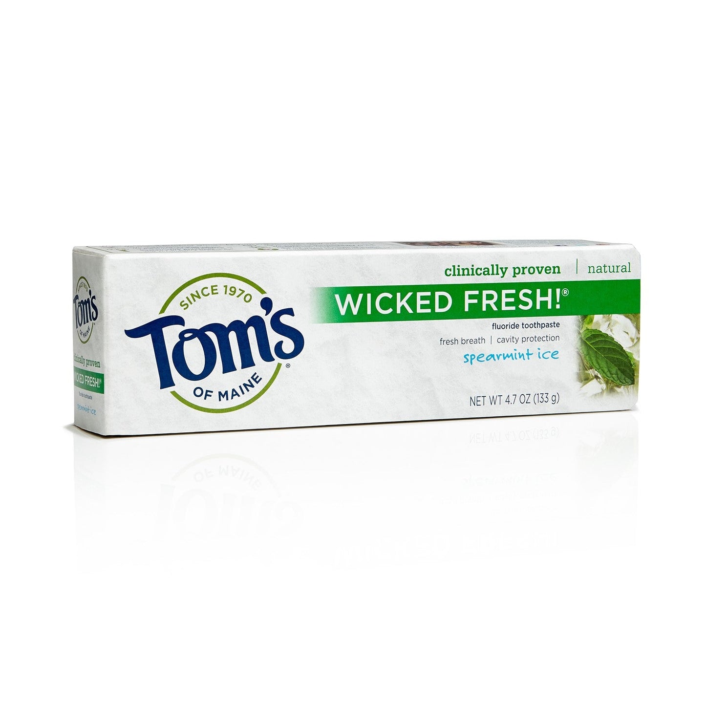 Tom's of Maine Wicked Fresh Spearmint Ice toothpaste in a tube, fluoride formula for fresh breath and clean teeth.