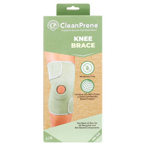 CleanPrene™ sustainable knee brace from Pasteur Pharmacy, biobased support, one size, shown on a person in a medical setting.