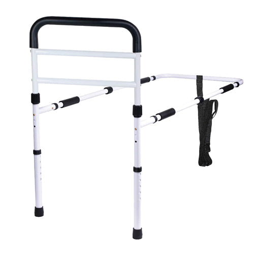 Bed support rail attached to a track lighting rail system by Pasteur Pharmacy, providing stability and safety.