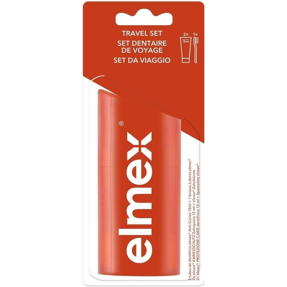 Elmex travel size toothbrush kit from Pasteur Pharmacy, compact dental care set with toothbrush and accessories for travel.