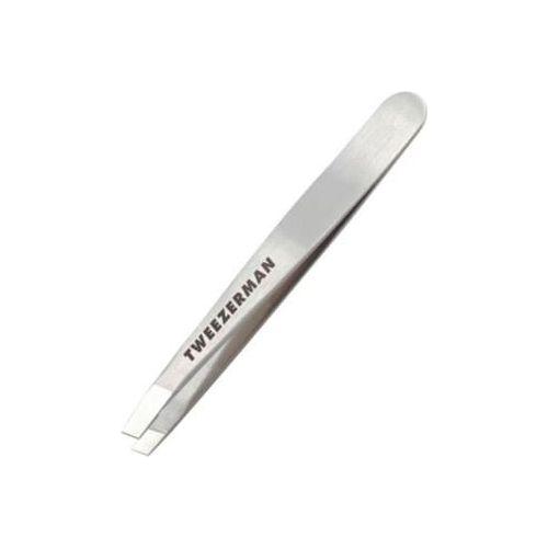 Stainless steel Tweezerman Mini Slant Tweezer for precise eyebrow shaping and hair removal.