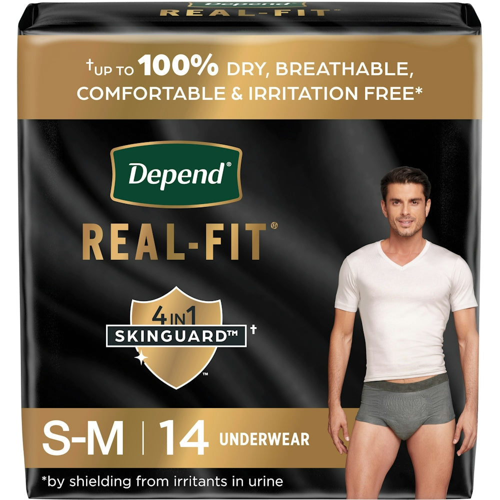 Grey Depend Real Fit incontinence underwear for men, disposable, small/medium, with maximum absorbency, shown on a plain background.