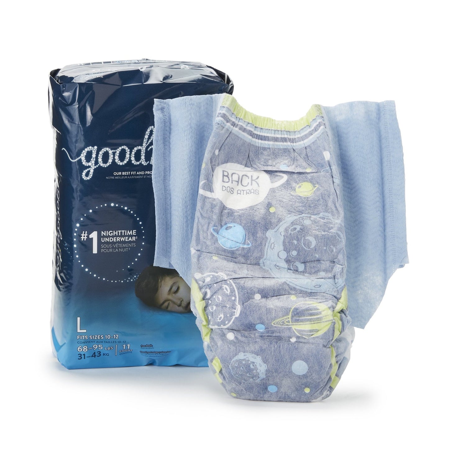 GoodNites Boys Large Nighttime Underwear, size 68-95 lbs, in blue packaging with waistband and absorbent padding visible.