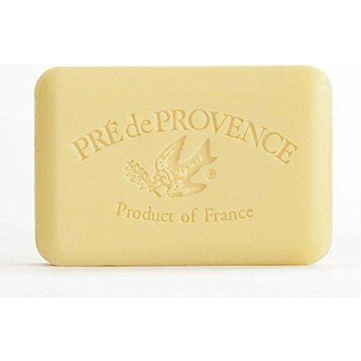 Vegetable soap with sweet lemon and shea butter from Pre De Provence, 250g, featuring a creamy, textured soap bar.