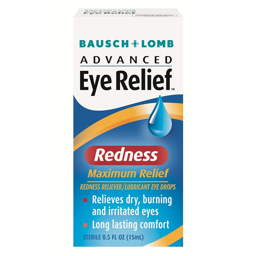 Bausch + Lomb Advanced Eye Relief sterile lubricant eye drops in 0.5 fl oz bottle, for redness relief and eye comfort.